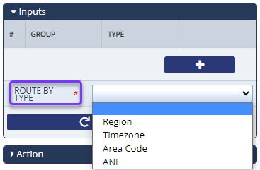 Within the Inputs section the Route By Type field is highlighted and the available drop-down list is expanded